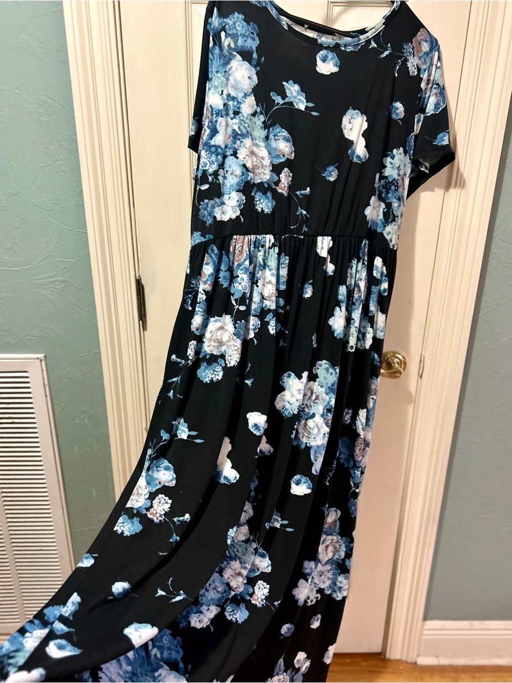 Woman’s Black Floral Maxi Dress with Blue Flowers AND Pockets